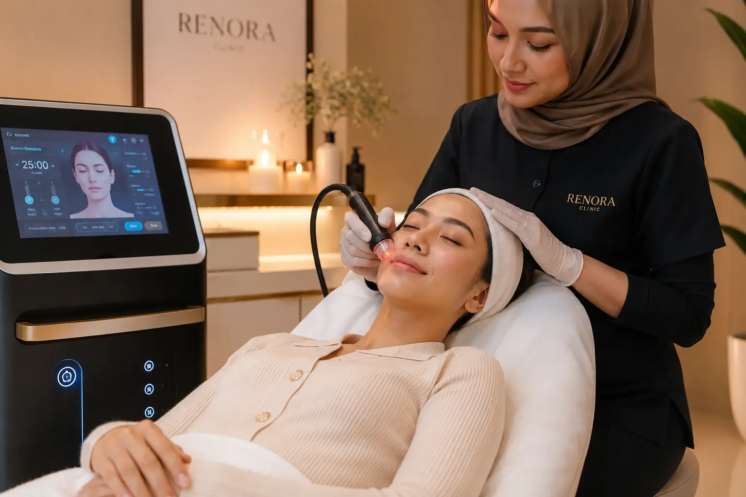 Woman receiving RF treatment facial for wrinkles and saggy skin at Renora Clinic