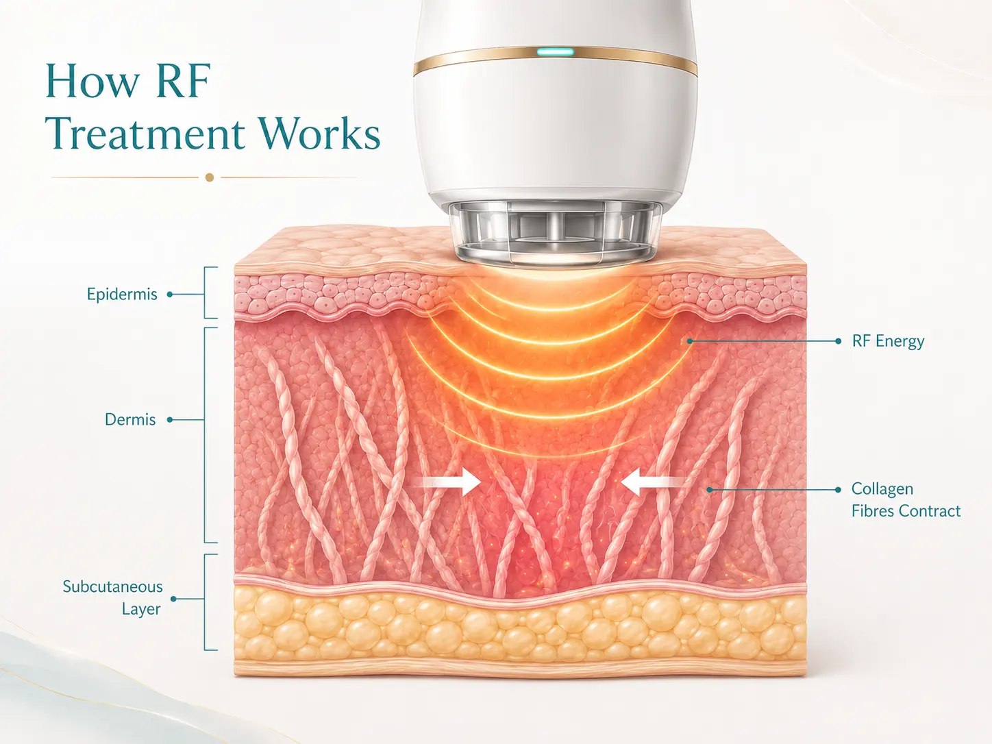Diagram of how RF treatment works — radiofrequency energy heating the dermis to boost collagen