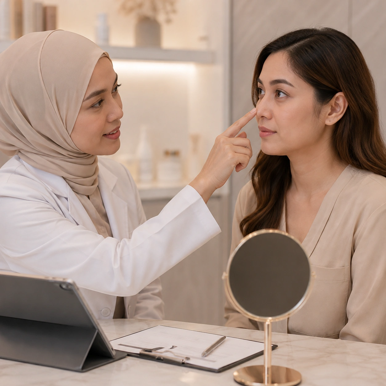 Under-eye consultation and assessment before Polyphil treatment at Renora Clinic KL
