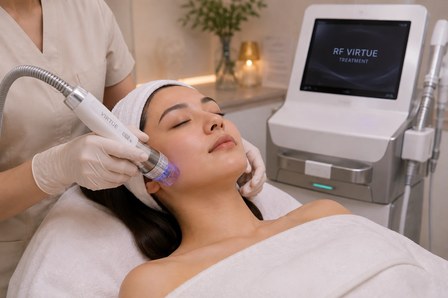 RF microneedling in progress for wrinkle treatment and skin tightening