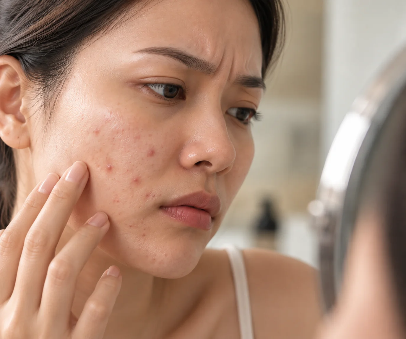 Close-up of acne-prone skin for acne assessment at Renora Clinic