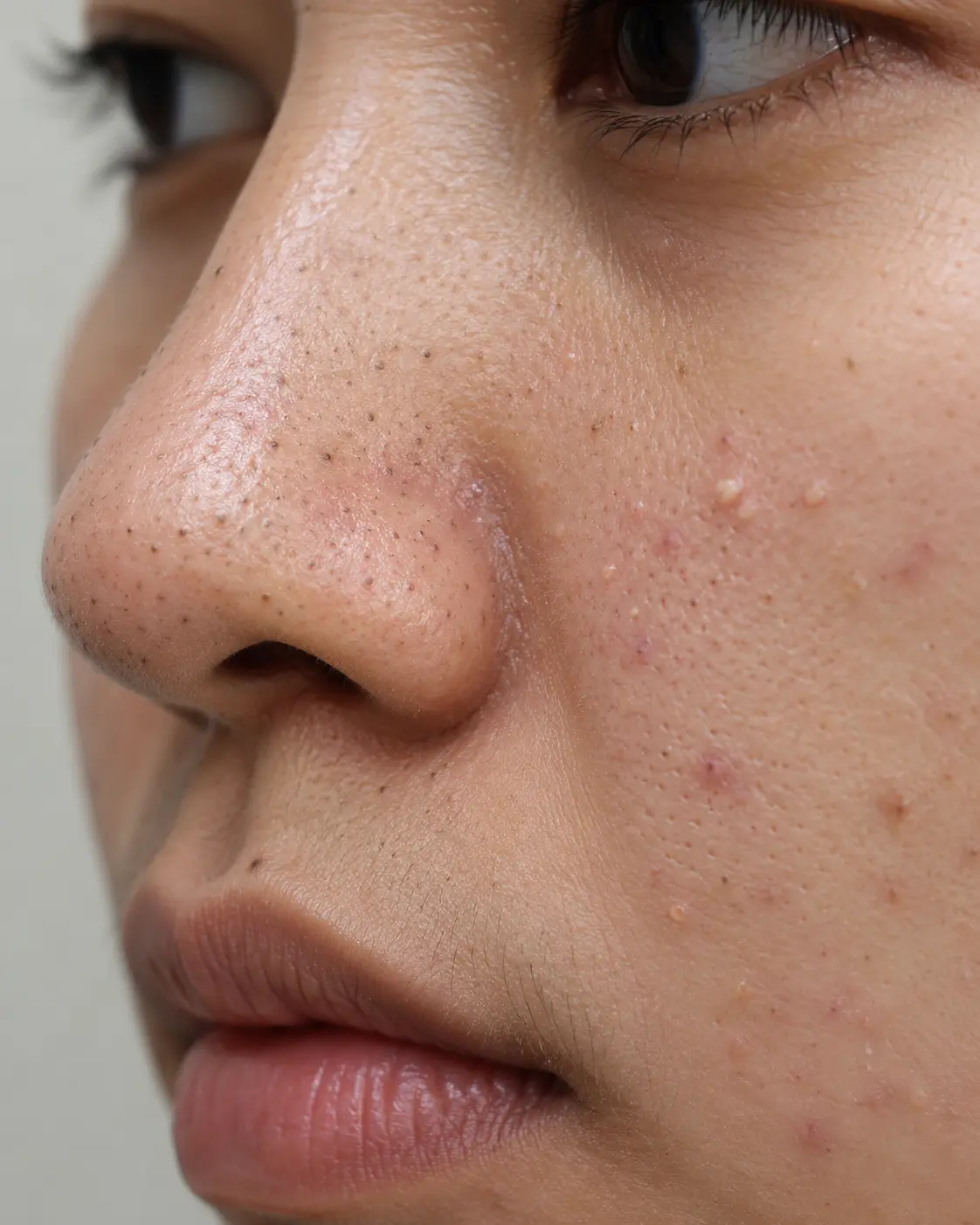 Close-up clinical image of blackheads and whiteheads