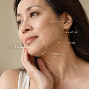 Common areas of facial laxity including the mid cheek, lower cheek, jawline, under chin, neck and lower face.