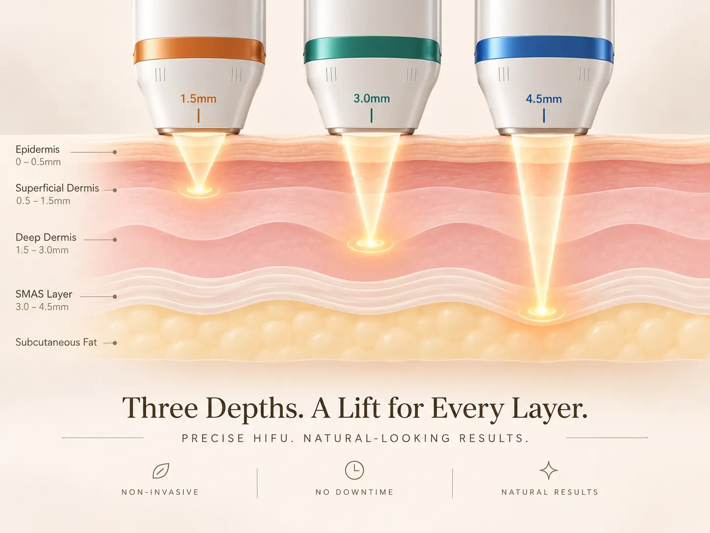 Illustration showing different focused ultrasound treatment depths for facial treatment