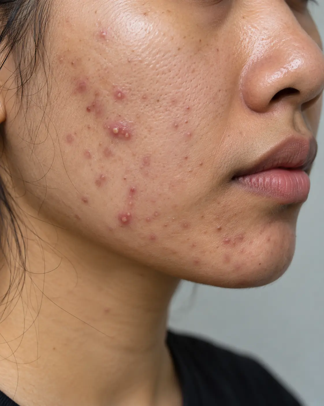 Close-up clinical image of inflamed acne papules and pustules