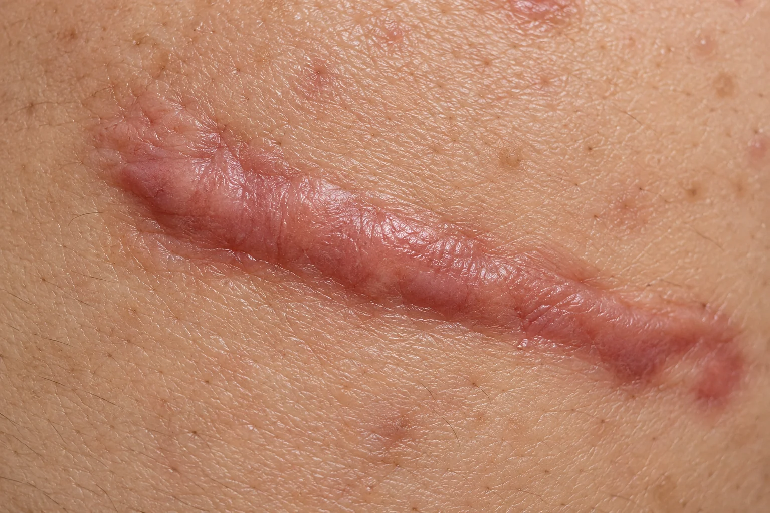 Close-up of raised hypertrophic acne scars