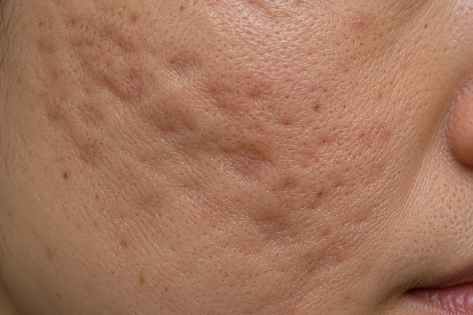 Close-up of rolling acne scars causing uneven skin texture