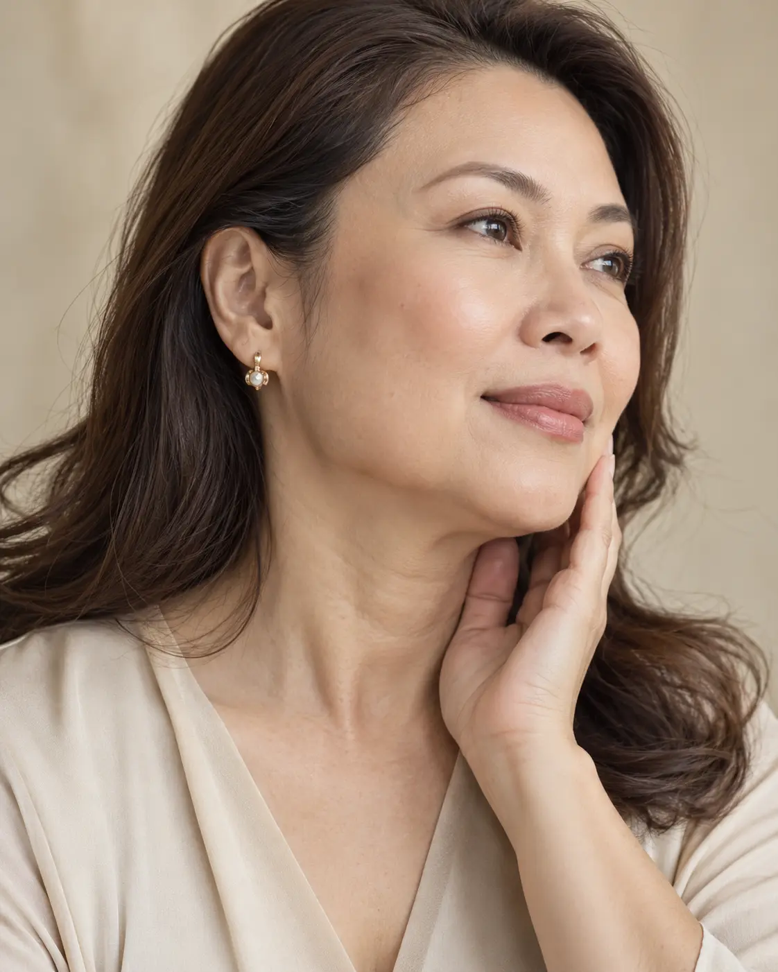 Woman touching lower face and jawline with sagging skin concern