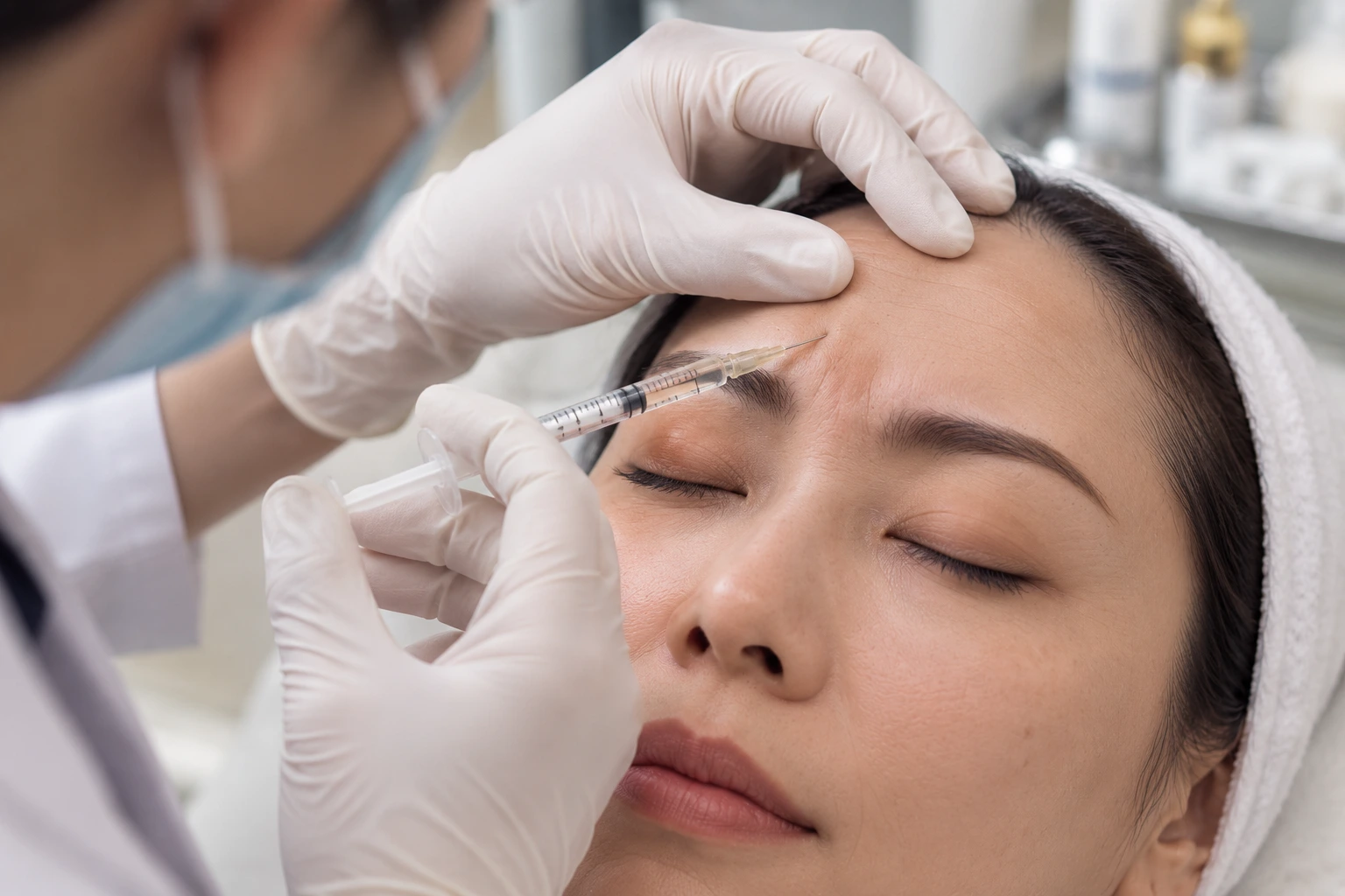Doctor performing wrinkle relaxing injection treatment